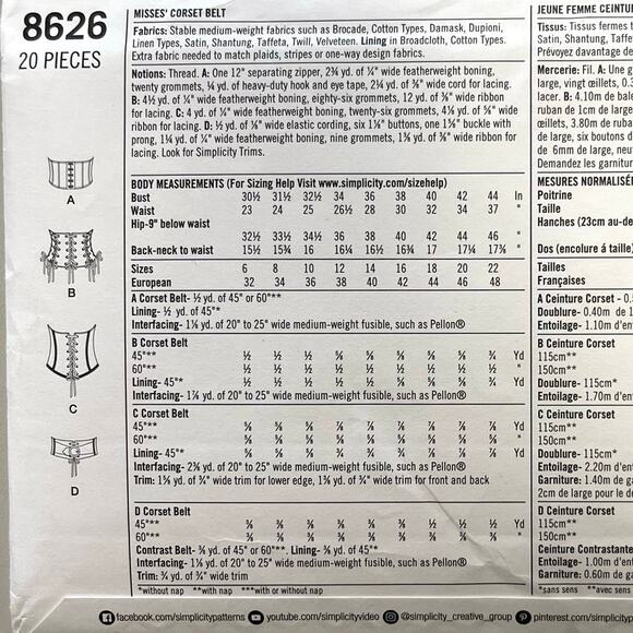 Simplicity 8626 Sewing Pattern Size 14-22 Womens Corset Belt Waistbelt Uncut FF - Picture 3 of 5